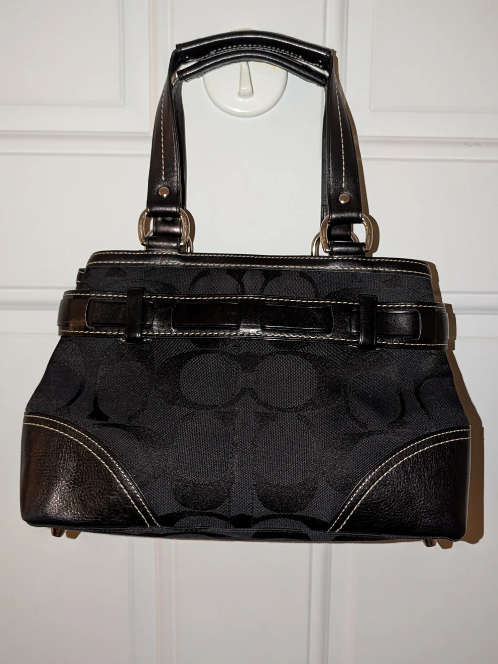 COACH Hampton Signature Shoulder Bag Python Embossed Leather Vintage Black VGUC
